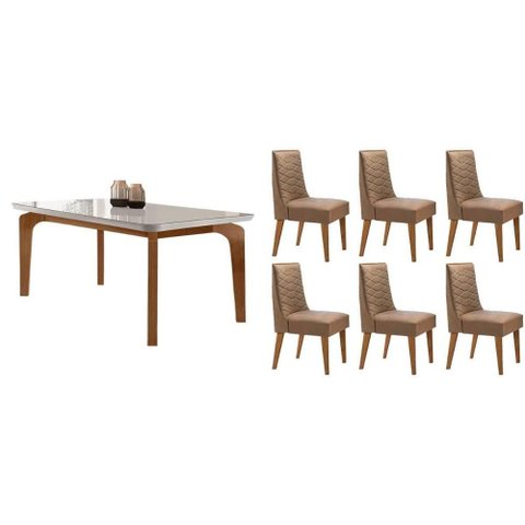 Sala Jantar Mesa Londrina Tampo C/ Vidro Curvo 180cm+6 Cadeiras Dafne Madeira Naturale/off White -