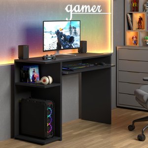 Escrivaninha Gamer para Computador com Prateleira e Espaço para Teclado - Jm3 Móveis:preto