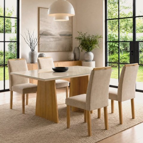 Conjunto de Mesa 4 Cadeiras Lyra Tampo Vidro MDF 120x80cm Cinamomo Off White