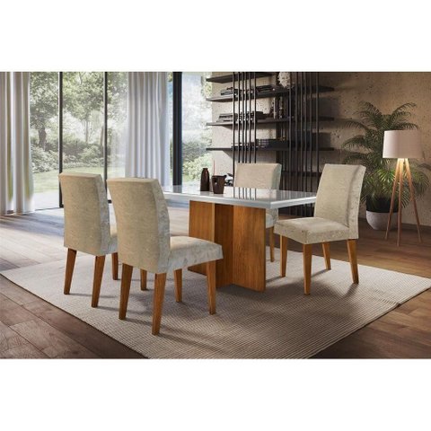 Conjunto: Mesa de Cozinha Berlim Tampo Madeirado c/ Vidro Canto Reto 120x80cm e 4 Cadeiras Grécia