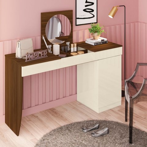 Escrivaninha Penteadeira Camarim Crystal Freijó/Off White - Ninho Decor