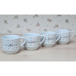 Kit Jogo 4 Xicaras Café Chá Hotel 200ml Empilháveis - Poá Colorido Frases - 4