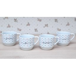 Kit Jogo 4 Xicaras Café Chá Hotel 200ml Empilháveis - Poá Colorido Frases - 3