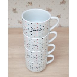 Kit Jogo 4 Xicaras Café Chá Hotel 200ml Empilháveis - Poá Colorido Frases - 5