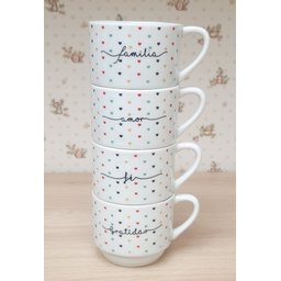 Kit Jogo 4 Xicaras Café Chá Hotel 200ml Empilháveis - Poá Colorido Frases - 2