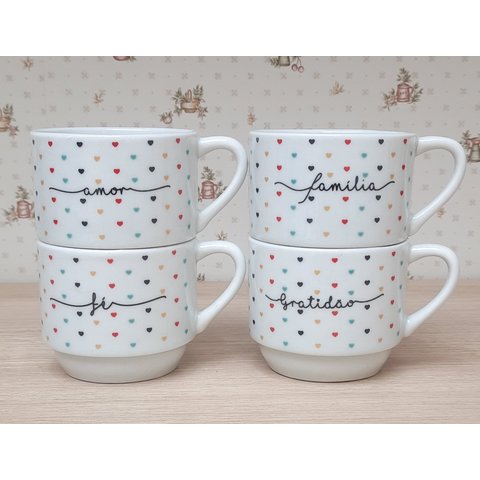 Kit Jogo 4 Xicaras Café Chá Hotel 200ml Empilháveis - Poá Colorido Frases