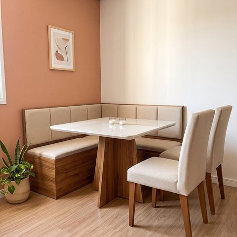 Conjunto Canto Alemão com Baú, Mesa, 2 Cadeiras e Tampo de Vidro 120x77,8x80cm