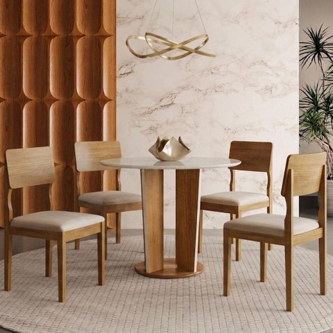 Mesa de Jantar Ana 135cm Redonda VIDRO18MM Cinamomo Off White com Kit 4 Cadeiras Ana Veludo Bege - V