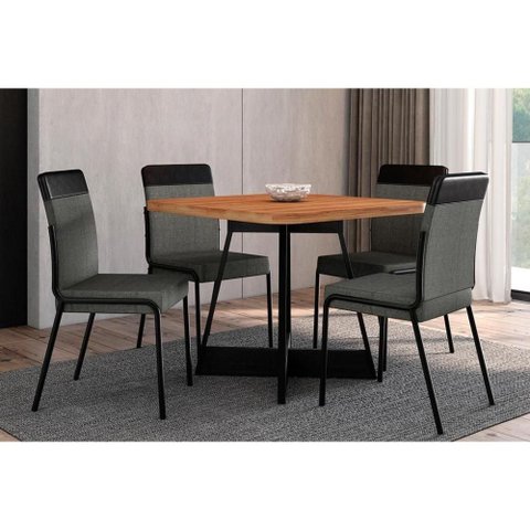 Conjunto: Mesa Sala Jantar Átria 1593 Aço C/ Tampo Madeirado 90x90cm e 4 Cadeiras Duo Preto/nogal