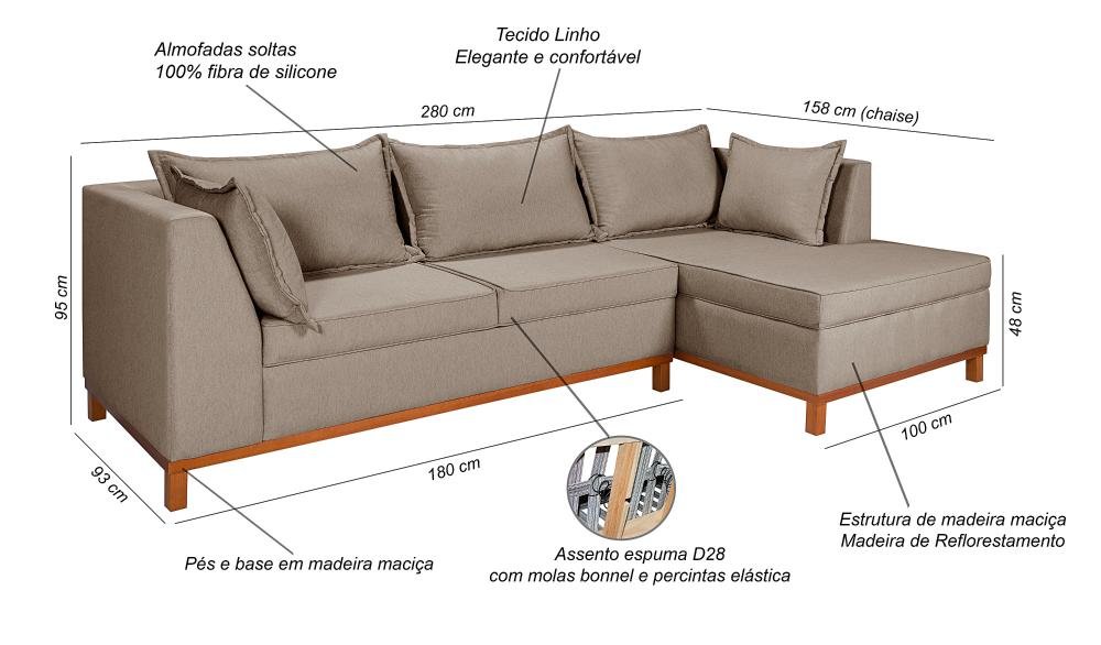 Sofá Malta com Chaise Linho 201 Bege Fixo Império Estofados - 5