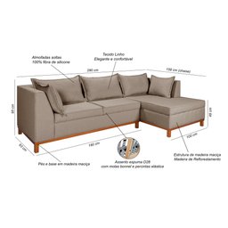 Sofá Malta com Chaise Linho Fixo Império Estofados - 5
