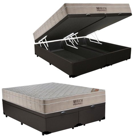 Cama Box Baú Queen Sintético Bipartido + Colchão Ortobom Airtech Molas Ensacadas 158x198x65:Marrom