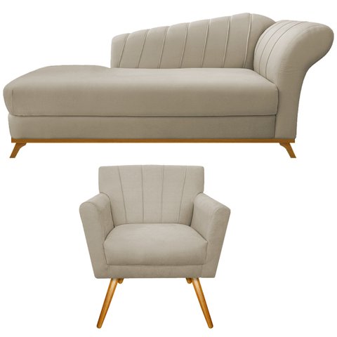 Kit Diva Recamier Vanessa 185cm Lado Esquerdo e 01 Poltrona Laura Suede Doce Sonho Móveis Bege