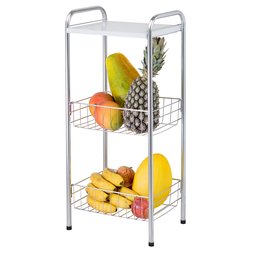 Fruteira de Chão Dupla Cestos Cromado e Tampa de Madeira Organização Cozinha - 1
