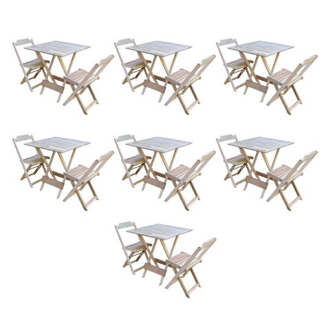 Kit 7 Jogos de Mesa Dobravel com 2 Cadeiras de Madeira 70x70 para Restaurante e Bar - sem Pintura