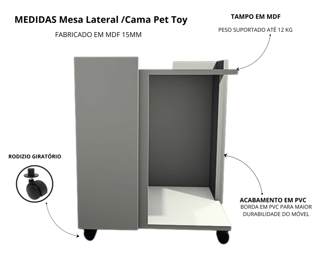 Mesa Lateral /cama Pet Toy na Cor Branco com Rodizio - 3