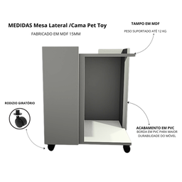 Mesa Lateral /cama Pet Toy na Cor Branco com Rodizio - 3