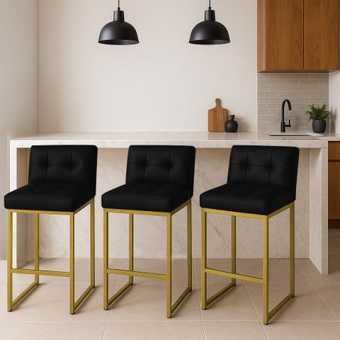 Banqueta Cozinha Alta com Encosto Industrial Kit 3 Dourado Lirina Pu Preto C05 - D’Rossi