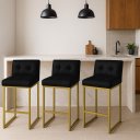 Ver imagem 1 de Banqueta Cozinha Alta com Encosto Industrial Kit 3 Dourado Lirina Pu Preto C05 - D’Rossi