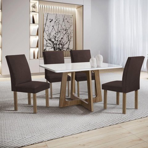 Conjunto Sala de Jantar Arizona 4 Cadeiras Tampo Vidro Veludo Marrom 120cm Cel Móveis