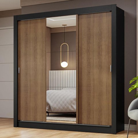 Guarda-roupa Casal 3 Portas de Correr com Espelho Preto/rustic Nobre Madesa