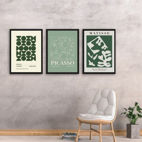 Kit 3 Quadros Matisse Picasso Bauhaus Verde 24x18cm - com Vidro:moldura Branca