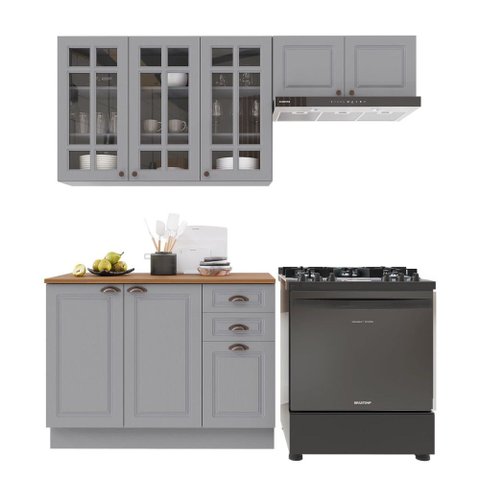 Cozinha Compacta Bariloche 8 Portas 2 Gavetas com Vidro e Tampo 100% MDF Titânio Fosco - Indékes