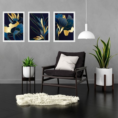 Kit 3 Quadros Abstratos Flores Azul com Dourado 24x18cm:moldura Branca