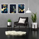 Ver imagem 1 de Kit 3 Quadros Abstratos Flores Azul com Dourado 24x18cm:moldura Branca