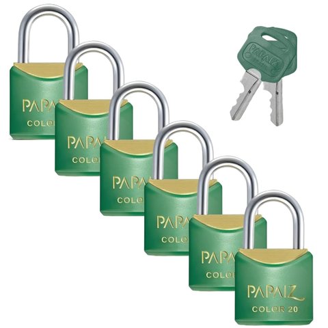 Cadeado Pequeno 20mm Haste Curta Latão Maciço Verde com Chave | Papaiz | Kit 06 Un