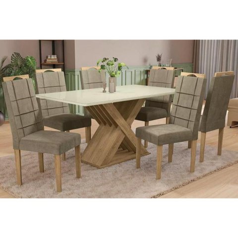 Sala de Jantar Completa Graviola Tampo Madeirado C/ Vidro 90x160cm e 6 Cadeiras 2cad150 Freijo/off