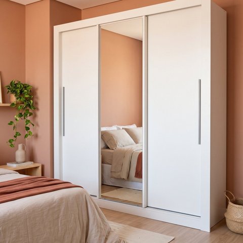 Guarda Roupa Casal 100% MDF 3 Portas 4 Gavetas com Espelho e Cabideiro 191,8x208x45,7cm Branco