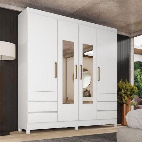Guarda-Roupa Casal com Espelho 4 Portas 6 Gavetas Mônaco Branco