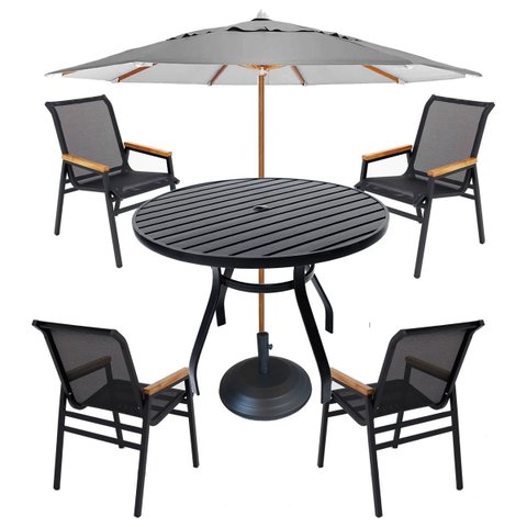 Jogo de Mesa 90cm Ripado + 4 Cadeiras Aluminio Tela Sling para Piscina Jardim Área Externa
