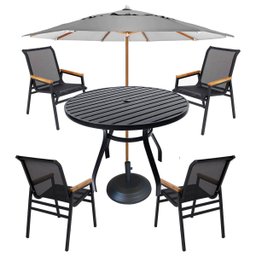 Jogo de Mesa 90cm Ripado + 4 Cadeiras Aluminio Tela Sling para Piscina Jardim Área Externa - 1