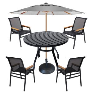 Jogo de Mesa 90cm Ripado + 4 Cadeiras Aluminio Tela Sling para Piscina Jardim Área Externa