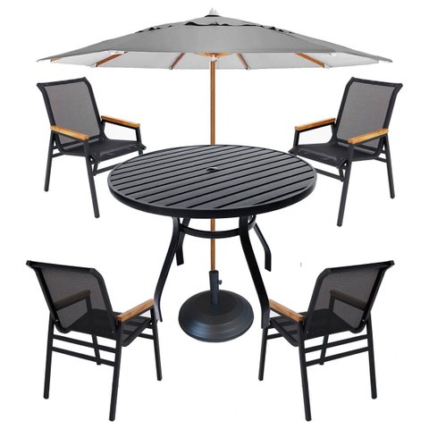 Jogo de Mesa 90cm Ripado + 4 Cadeiras Aluminio Tela Sling para Piscina Jardim Área Externa