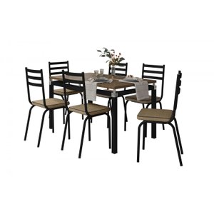 Conjunto de Mesa Tubular com 6 Cadeiras 118 Malva Tampo Bp 136cm Preto Nature Assento Rattan Artefam