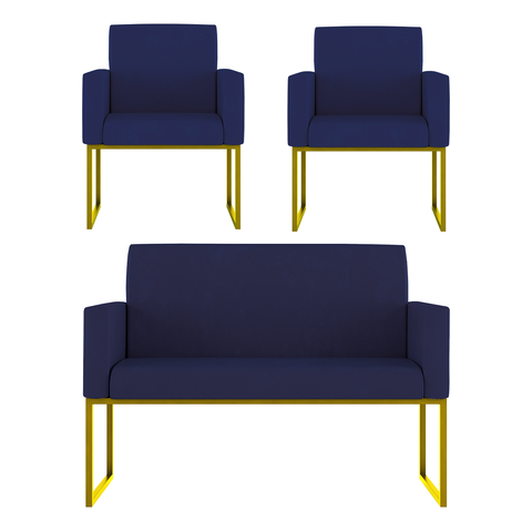 Kit 2 Poltronas + Namoradeira Lugares Recepção Base Dourada Cor:azul Marinho