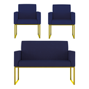 Ver imagem 1 de Kit 2 Poltronas + Namoradeira Lugares Recepção Base Dourada Cor:azul Marinho