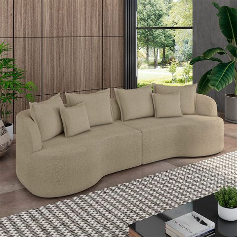 Sofá Living Decorativo Salinas 2 Lugares com Almofadas 210cm Modulado Bouclê Bege G33- Gran Belo