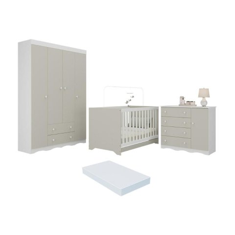 Quarto de Bebê Completo Berço Americano 3 em 1 Colchão Realeza Multimóveis Mp4599 Branco/off