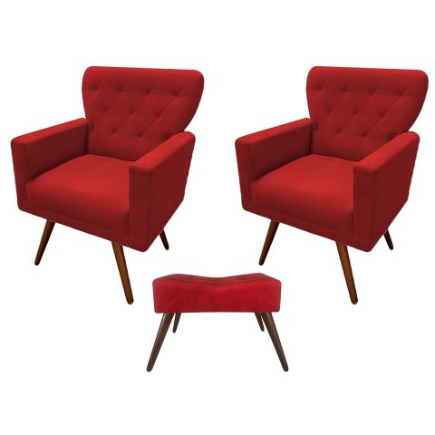 Kit 2 Poltronas Decorativa Aurora + 1 Puff Retangular Suede Vermelho Pés Madeira Ms Decor