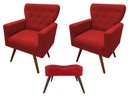 Ver imagem 1 de Kit 2 Poltronas Decorativa Aurora + 1 Puff Retangular Suede Vermelho Pés Madeira Ms Decor