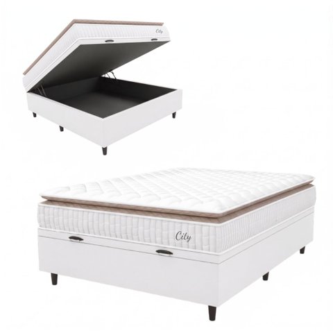 Cama Box Baú Colchão Casal Molas Ensacadas City Pillow Top 138x188x64cm Linho Branco / Bege Hellen