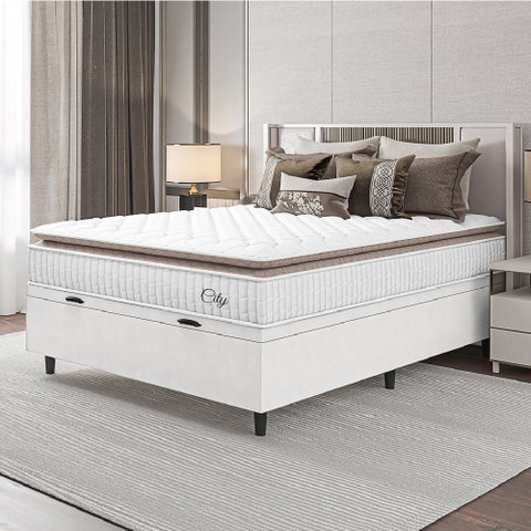 Cama Box Baú Colchão Casal Molas Ensacadas City Pillow Top 138x188x64cm Linho Branco / Bege Hellen