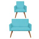Ver imagem 1 de Kit Poltrona e Namoradeira Nina Suede Azul Turquesa Pés Palito Castanho - Pallazio