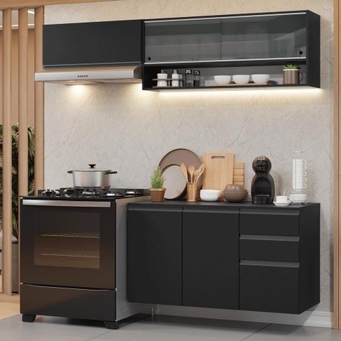 Armário de Cozinha Compacta 200 Cm Suspenso Preto Nice Madesa 12 Preto