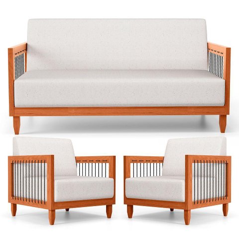 Kit 02 Poltronas e 01 Sofá Samoa Madeira Maciça com Cordas Náutica Linho Natural - Desk Design