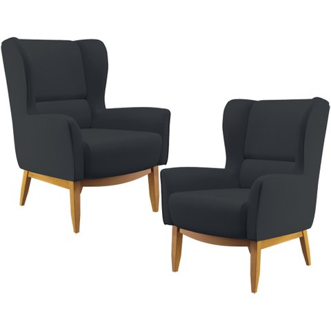 Kit 02 Poltronas Decorativa Fixa Base de Madeira Milena D02 Linho Chumbo C-465 - Lyam Decor